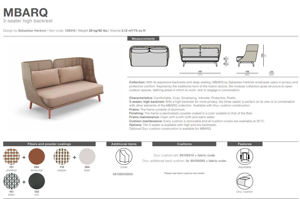 Mbarq Lounge 3 Sitzer Sofa  , hohe Rückenlehne inkl.Polster