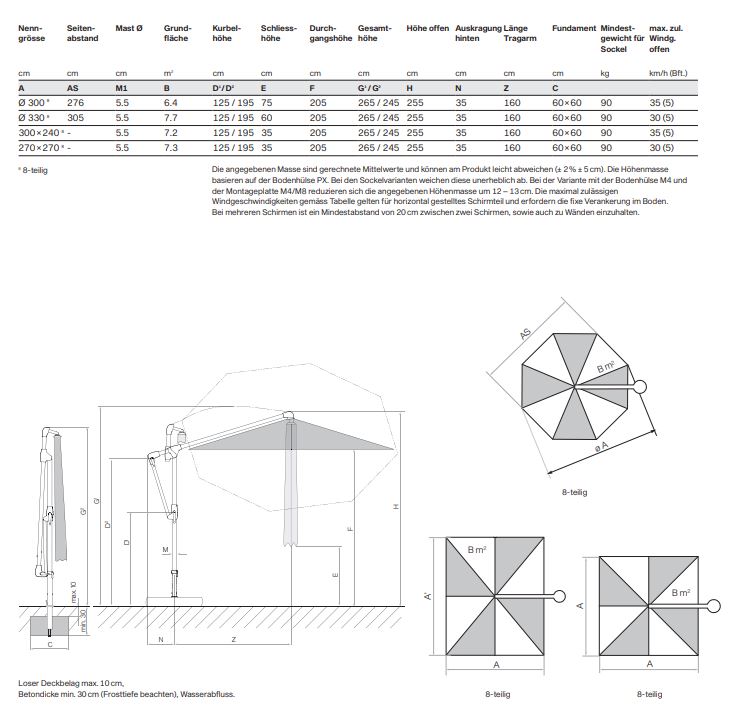 Sunwing Casa Freiarmschirm, quadratisch, 270 x 270 cm, easy